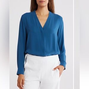 Eileen Fisher matte silk v-neck button-up shirt